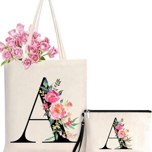 Initial Canvas Tote Bag for Women, Personalized Monogrammed Tote Bags with Makeu